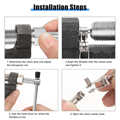 Installation steps for Beefed Up Chain Breaker Tool For Motorcycles, Bicycles, Dirt Bikes, ATVs, Go Karts, Scooters