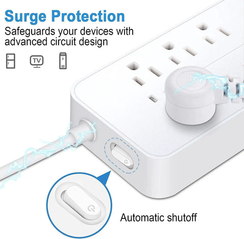 Must Have Six Outlet Surge Protector Power Strip With Four USB Ports And One USB C Port, 4ft Extension Cord, wall switch visible