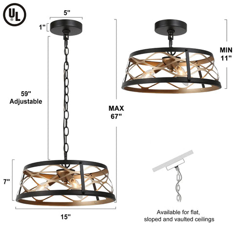 Dope Black And Gold 3 Light Drum Pendant Chandelier With Hollow Metal Shade dimensions and chain length diagram