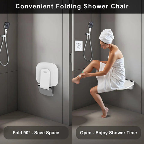 Fold Down Wall Mounted Shower Chair With 400 Lb Capacity Space Saving Foldable Shower Seat Bench for Adults Elderly and Disabled White