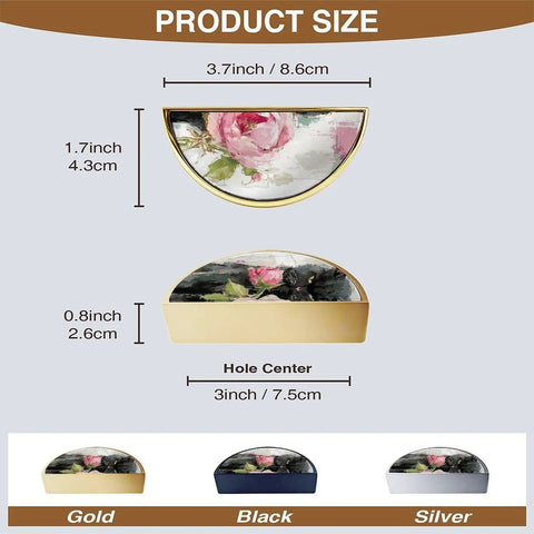 Two Pack Black Cat Peony Cabinet Handles With Gold Semicircle Drawer Pulls, 3 Inch Hole Center, Solid Zinc Alloy size details