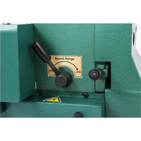 7X12 Inch Mini Metal Lathe Benchtop Precision Machining Tool With Variable Speed Drive speed control dial in close-up view