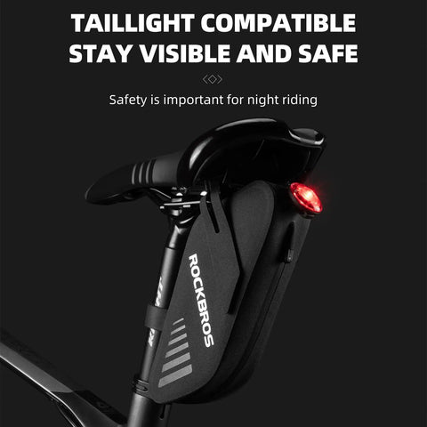 Side view of waterproof 0.6L bike saddle bag and frame bag with taillight mounted, compatible for mountain, road, and folding bikes.