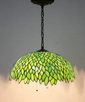 Showpiece Tiffany Style Pendant Light Fixture With Green Wisteria Stained Glass, 16 Inch Wide Shade Hanging Lamp, S523 Series