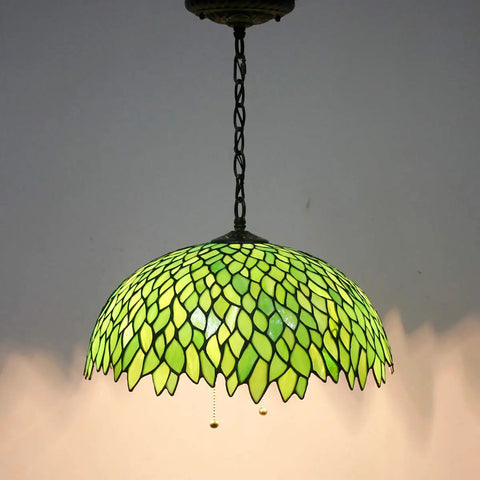 Showpiece Tiffany Style Pendant Light Fixture With Green Wisteria Stained Glass, 16 Inch Wide Shade Hanging Lamp, S523 Series