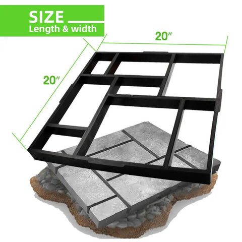 Plus Size 20 By 20 Inch Reusable Concrete Path Molds Set with 8 grid pattern overlaid on stone walkway