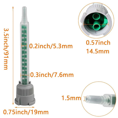 40-Piece Epoxy Mixing Nozzle Tips Set For Resin And Adhesive Guns, 50ml/1.7oz, 16-Element Spiral Mixing, dimensions marked