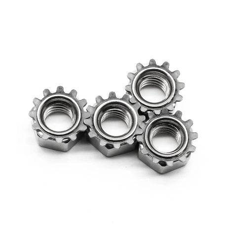 Four K-Lock Nuts With External Tooth Washer 10-32 Stainless Steel Kep Lock Nuts in close-up view.