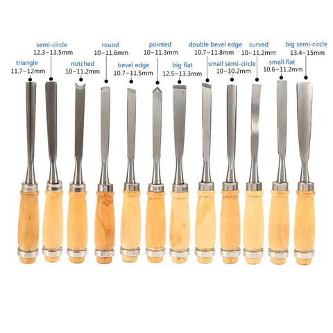 Pro Grade Wood Chisel Set 12 Piece With Carving Gouges And Hardened Steel Chisels, various blade shapes, sizes labeled.