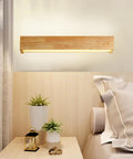 Hardwired Wood Led Wall Sconce,Modern Minimalist Rectangle Vanity Light,Updown 6000k for Living Room Bedroom Hallway (55cm) mounted above bedside.
