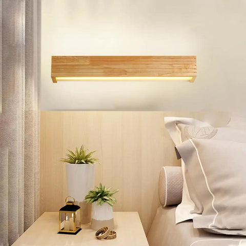 Hardwired Wood Led Wall Sconce,Modern Minimalist Rectangle Vanity Light,Updown 6000k for Living Room Bedroom Hallway (55cm) mounted above bedside.