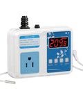 Front view of 10 Amp 110V Temperature Controller Digital Thermostat Switch for Sous Vide with blue display and waterproof probe.