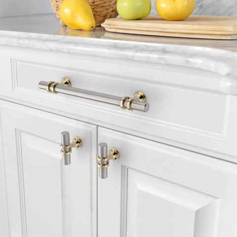 Six Pack 5 Inch 128mm Gold and Brushed Satin Nickel Cabinet Pulls Heavy Duty Solid Kitchen Handles installed on white cabinets.