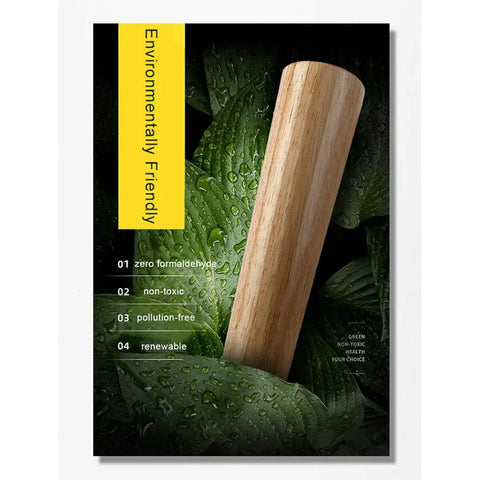 Solid Wood Furniture Legs Set with eco-friendly features, natural wood leg on green leaf background highlighting sustainability.