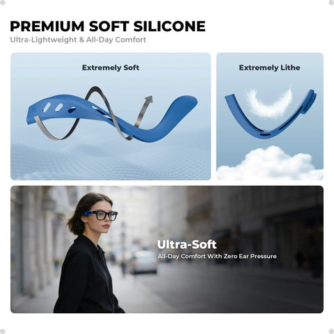 Silicone Eyeglass Ear Grips For Ray Ban Meta Smart Glasses Gen 1 And Gen 2 showing extreme softness and flexibility in blue.