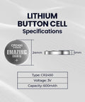 CR2450 3V Lithium Coin Cell Battery 20 Pack Heavy Duty Button Cells with specifications showing size and voltage.