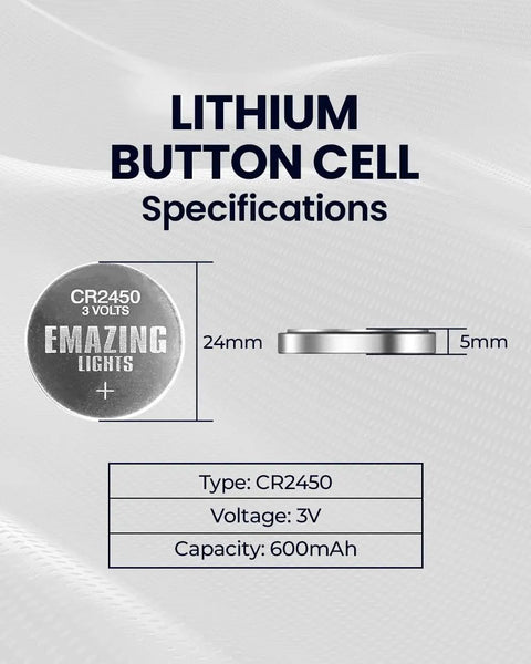 CR2450 3V Lithium Coin Cell Battery 20 Pack Heavy Duty Button Cells with specifications showing size and voltage.