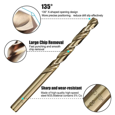 Workhorse M35 Cobalt Coated Twist Drill Bit Set for Punching Crisp Holes in Hardwood and Steel with 135° design