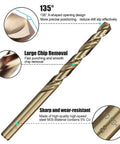 Heavy Duty M35 Cobalt Coated Twist Drill Bit Set Built Tough For Zero Sweat Wood And Metal Drilling Tasks, 135° tip design