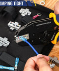 Close-up of 6 In 1 Ratchet Crimping Tool Kit With Interchangeable Dies in use on blue insulated connector