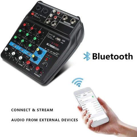 Four Channel Portable Mixer With Four XLR And TRS Mic Line Inputs And Two RCA Stereo Inputs Featuring 24 DSP Effects And 48V