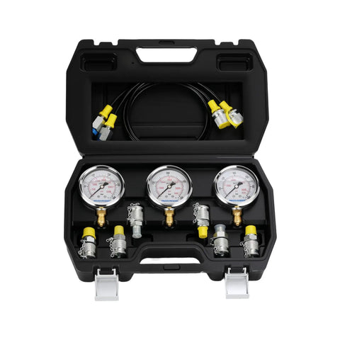 Hydraulic Test Gauge Kit With Three Gauges 0 To 250 Bar 0 To 400 Bar 0 To 600 Bar, Six Test Couplings, Two Hoses, Glycerin Filled For Stable Readings