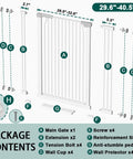 Contents of Extra Wide Baby Gate With Walk Through Door, hardware, extensions, wall cups, screws, for 25 to 80 inch openings.