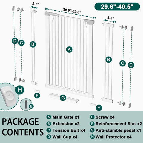 Contents of Extra Wide Baby Gate With Walk Through Door, hardware, extensions, wall cups, screws, for 25 to 80 inch openings.