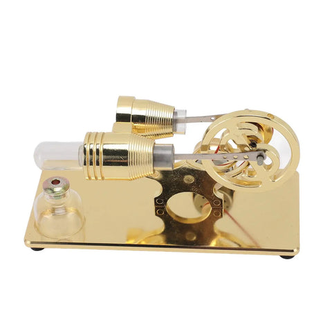 Sterling Engine Model Toy With LED Light For Desktop Science Project And Educational Decor Aluminum Alloy Gold Finish Hands On Thermodynamics Demo For Students And Science Nerds And Hobbyists, gold desk view