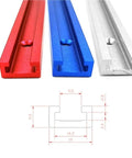 Game Changing Aluminum T Track T Slot Fixture Channel Miter Jig Slide Rail in red, blue, silver with dimensions, perfect for woodshop and precise use.