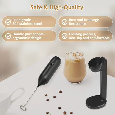 Rechargeable USB Type C Milk Frother Handheld With Stand Powerful Electric Foam Maker on table with coffee cup and stand.