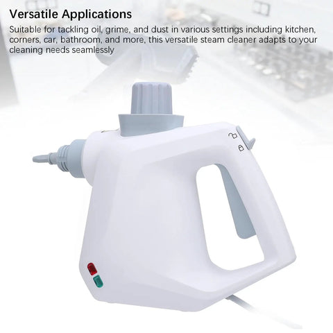 Powerful 1000W Handheld Steam Cleaner Straight Up Ditches Grease And Grime From Kitchens Cars And Bathrooms High Pressure Heavy Duty Cleaning Tool Easy Peasy Spotless Results Portable Us Plug with ergonomic handle and attachments.