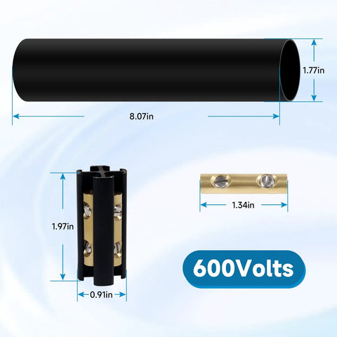 Wire Splice Kit For 14/3 To 8/3 Direct Burial UF Cable 600V Max With Heat Shrink Tubes And Connectors, dimensions visible