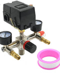 Yellow Bottom Air Compressor Pressure Switch Regulator Kit With Gauge 90 To 120 PSI Connector on white background.