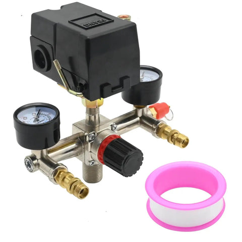 Yellow Bottom Air Compressor Pressure Switch Regulator Kit With Gauge 90 To 120 PSI Connector on white background.