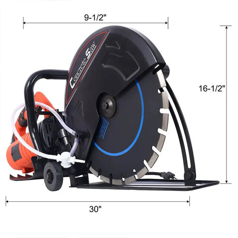 Badass 14 Inch Electric Concrete Saw With Genuine Diamond Blade features a powerful 15 Amp motor and dimensions of 30" by 16-1/2".