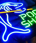 Hand Crafted Glass Tube Neon Sign For Beer Bar, 17 Inch Wide By 13 Inch High, featuring a blue shark design with "Pool Shark" text.
