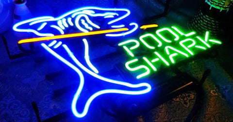 Hand Crafted Glass Tube Neon Sign For Beer Bar, 17 Inch Wide By 13 Inch High, featuring a blue shark design with "Pool Shark" text.