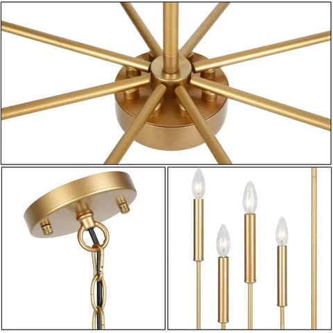 Gold 8 Light Farmhouse Chandelier With Modern Brass Candle Design For Dining Room Living Room Kitchen Island And Foyer, base and chain detail.