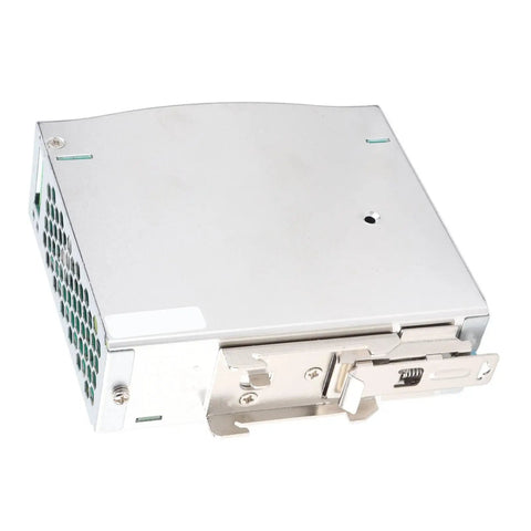 Industrial Power Supply NDR 120 24V 5A 120W Rail Mount Ready, AC Input 100 240V, Built For Heavy Duty Industrial Use and Stable Output That Keeps Your Rigs Running Smooth. silver metal rail-mount power supply with vented side panel and bracket