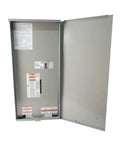 200 Amp Automatic Transfer Switch With Power Management For Whole Home Backup Power, Seamless Outage Switchover, Service Entrance Rated, NEMA 3R Aluminum Enclosure, Heavy Duty Home Load Handling, Easy To Install. Open gray aluminum enclosure with 200A disconnect