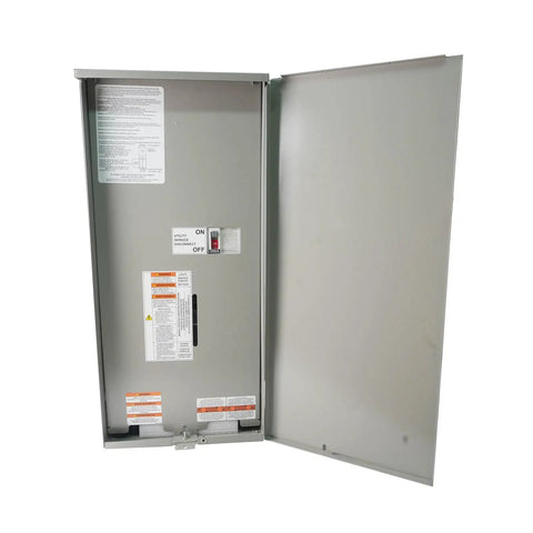 200 Amp Automatic Transfer Switch With Power Management For Whole Home Backup Power, Seamless Outage Switchover, Service Entrance Rated, NEMA 3R Aluminum Enclosure, Heavy Duty Home Load Handling, Easy To Install. Open gray aluminum enclosure with 200A disconnect