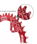 Close-up of red 104 BCD Wide Bicycle Chainring Set For Road BMX And MTB Bikes 34T 38T 42T Aluminum highlighting teeth detail.