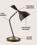 Dope Retro Mid Century LED Table Lamp with Adjustable Task Light, Black Iron Shade, Black and Gold Finish, ETL Listed JYL9065A