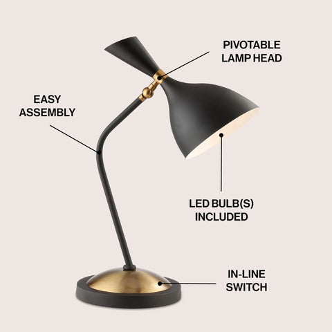 Dope Retro Mid Century LED Table Lamp with Adjustable Task Light, Black Iron Shade, Black and Gold Finish, ETL Listed JYL9065A