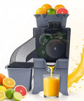 Heavy Duty Commercial Automatic Citrus Juicer Machine High Output Electric Orange Lemon Squeezer Extractor With Auto Pulp Separation Stainless Steel Fruit Press, pouring juice into glass.