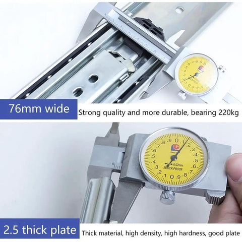 Heavy Duty Soft Close Drawer Slides With Secure Lock Ball Bearing Telescoping Runners For Cabinets And Toolboxes measuring 76mm wide and 2.5mm thick.