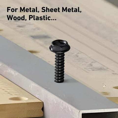 Top Grade 10 Gauge X 3/4 Inch Self Drilling Screws, black zinc hex washer head fastener on metal surface.