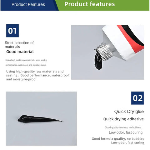 All Purpose Quick Dry Shoe Glue For Sneakers Boots And Sandals, clear sealant tube with black glue and product features