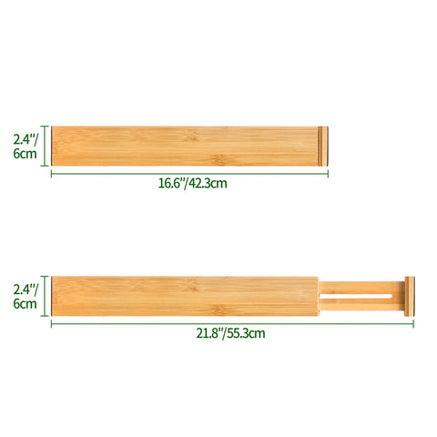Premium Expandable Bamboo Drawer Dividers Six Pack size dimensions 16.6 to 21.8 inches for kitchen and office use.